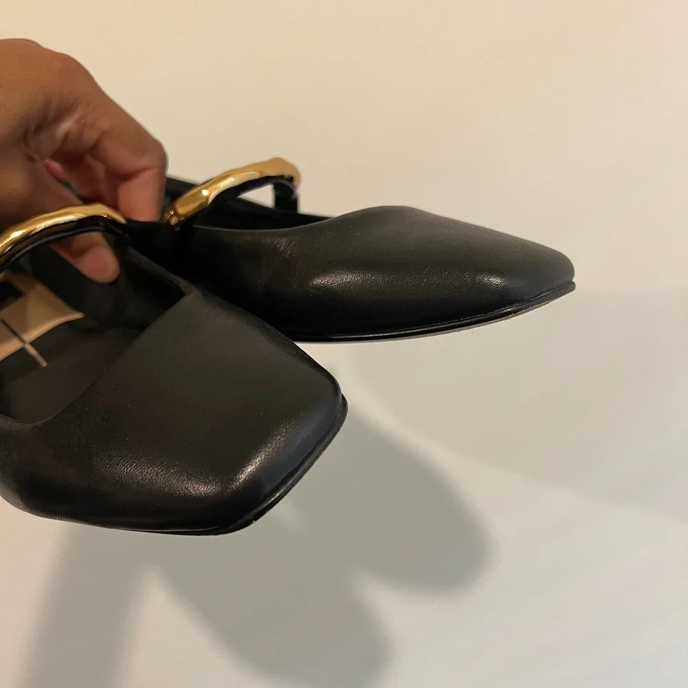 Dolce Vita Radya Black Leather Ballet Flats Mary Jane Gold Metal Accent Size 8.5